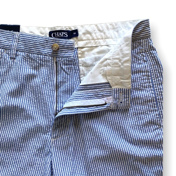 Chaps Seersucker High Waist Blue & White Pinstriped Long Flat Front Shorts - Picture 9 of 10